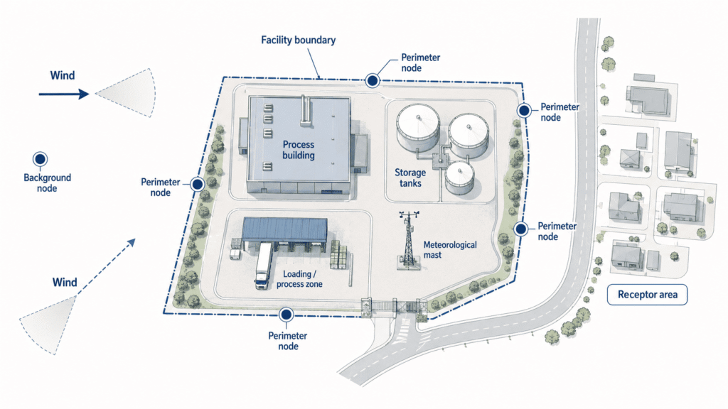 Industrial site plan showing facility boundary, background and perimeter monitoring nodes, nearby receptors and wind context used to plan fenceline monitor placement.