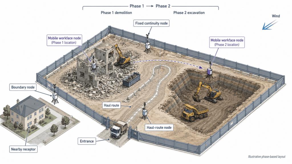 Phase-based construction site layout showing fixed and relocatable PM monitoring nodes around changing work areas and a nearby receptor