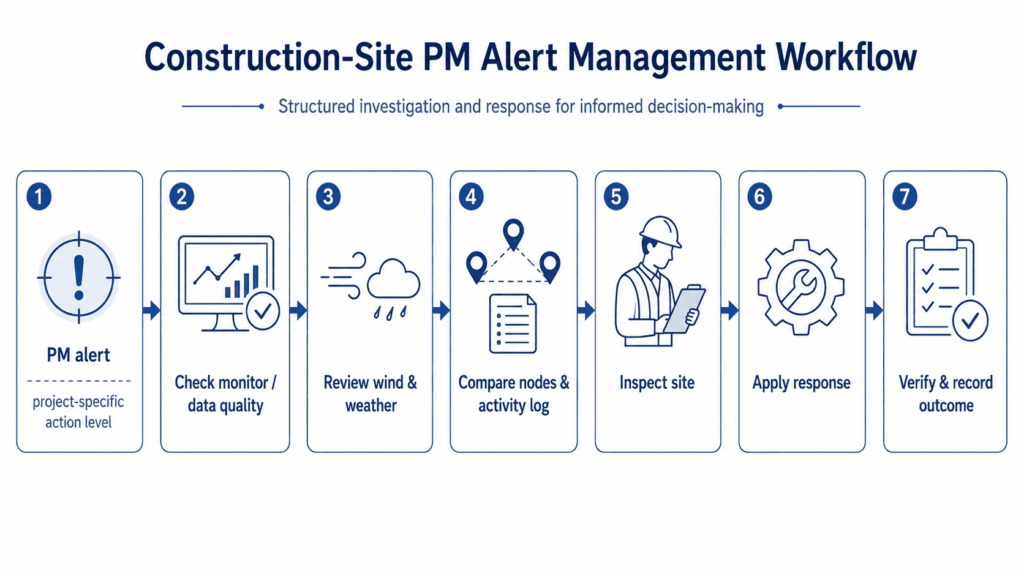 Workflow from a construction PM alert through data checks, site investigation, response, verification and event logging