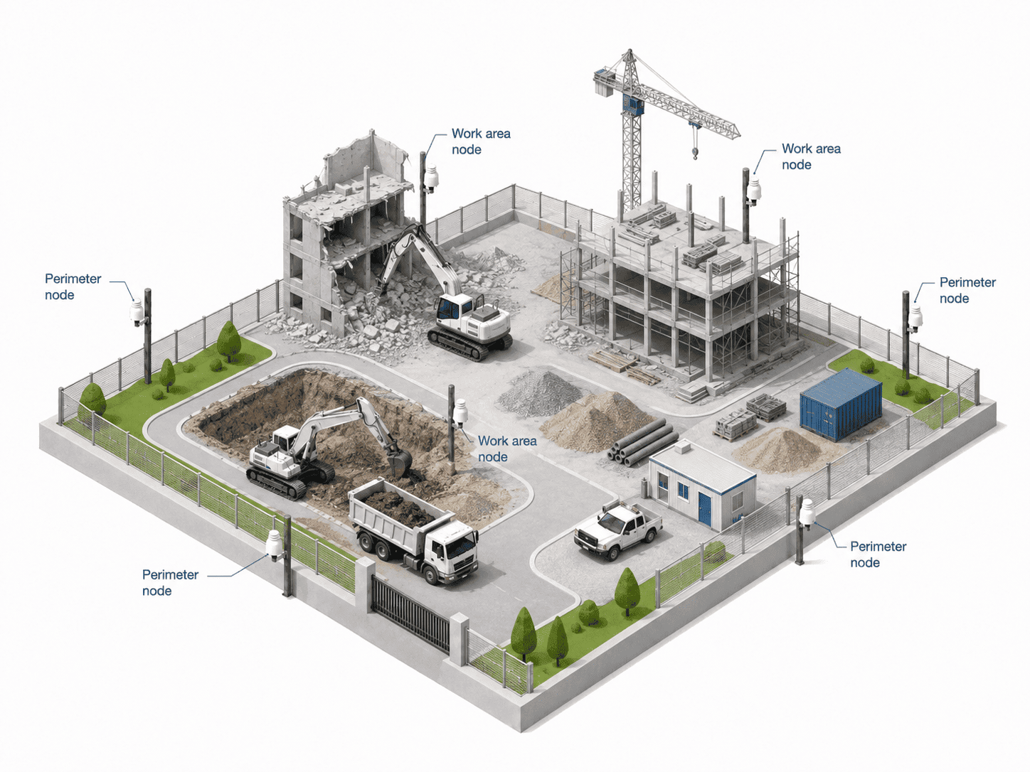Aernode monitoring network deployment across a construction and demolition site