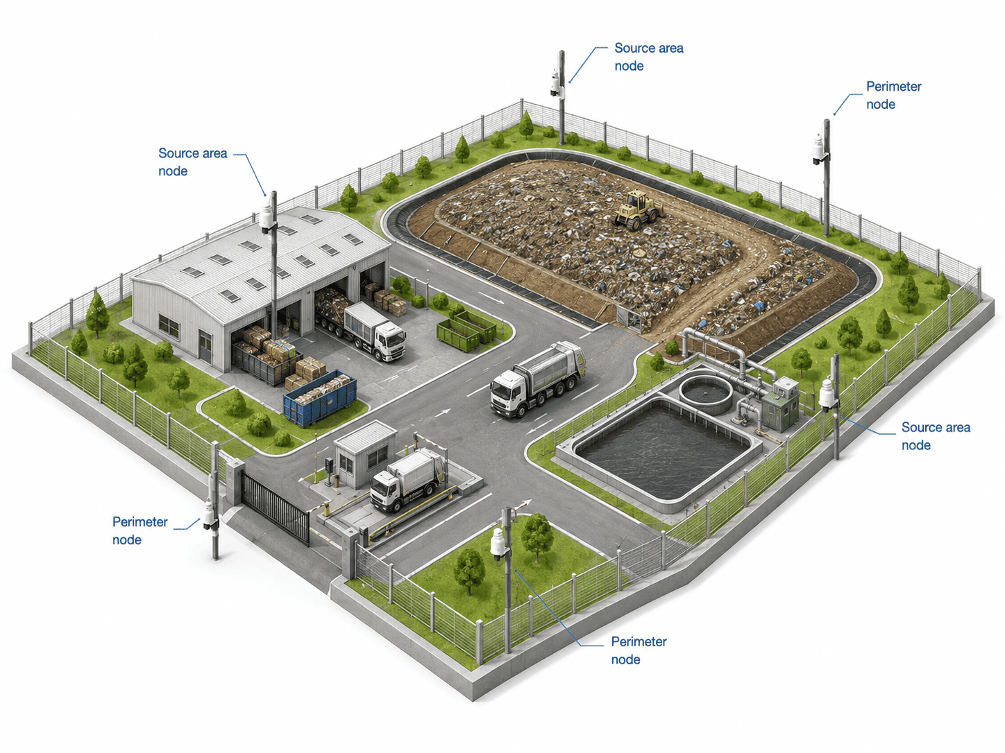 Aernode monitoring network deployment for landfill and waste treatment sites