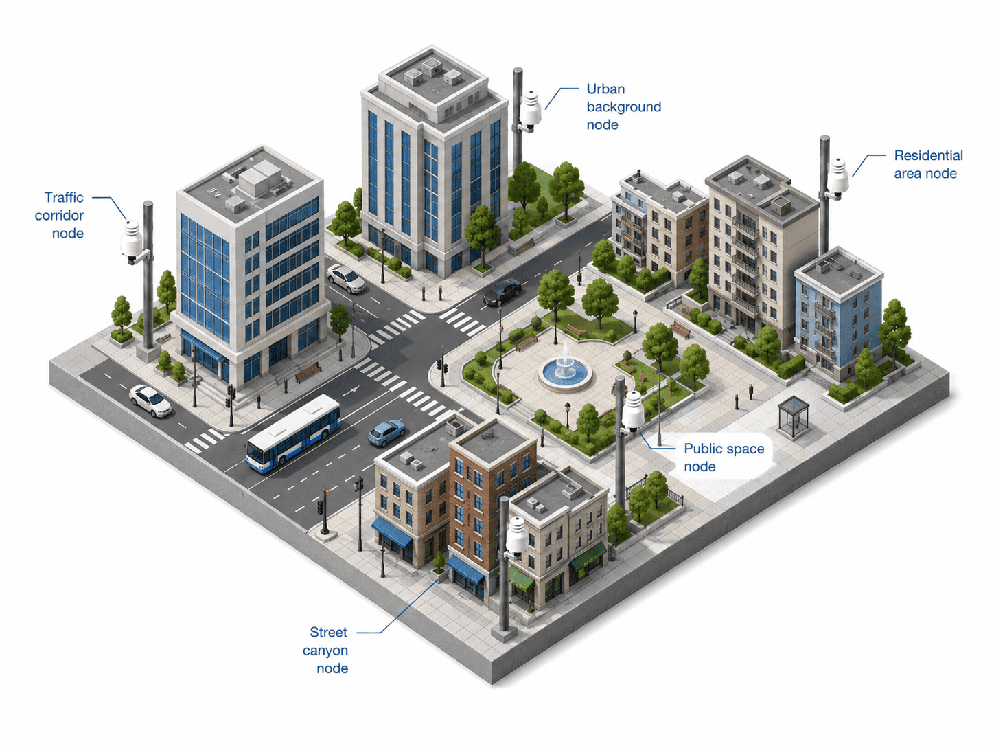 Aernode distributed air quality monitoring network across urban areas and traffic corridors