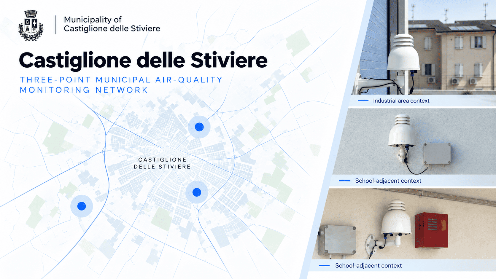 Aernode air quality monitoring station installed in Castiglione delle Stiviere as part of a municipal monitoring program.