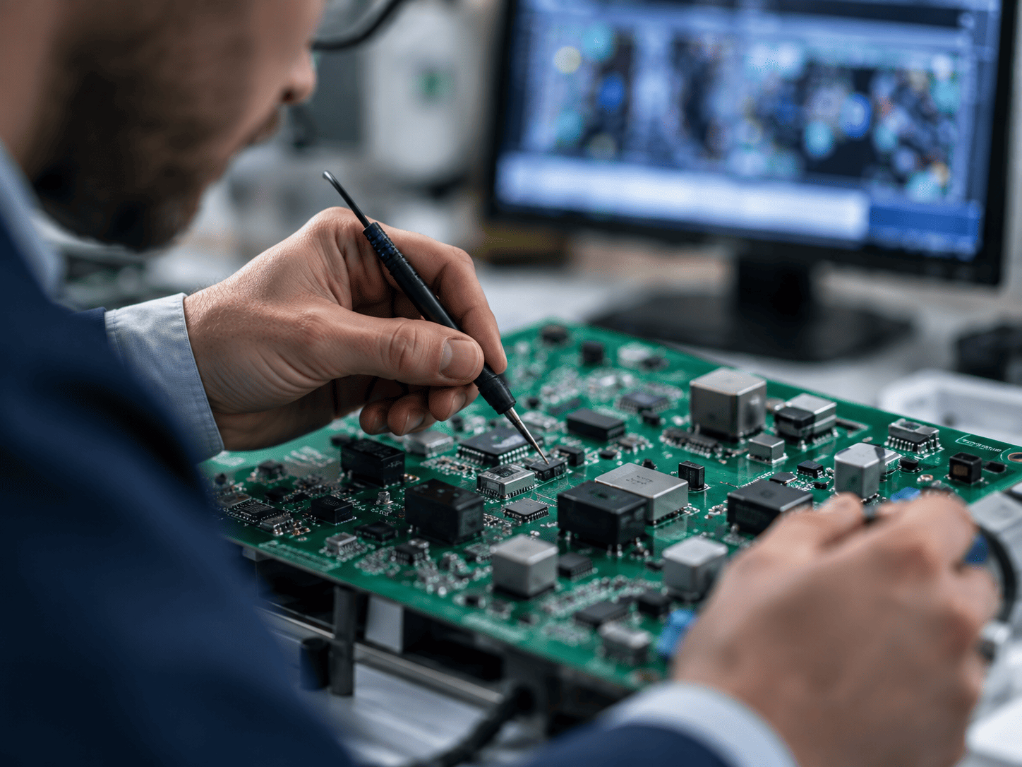 Quanta engineer working on an electronic circuit board