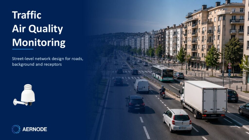 Street-level air quality monitoring beside an urban traffic corridor.
