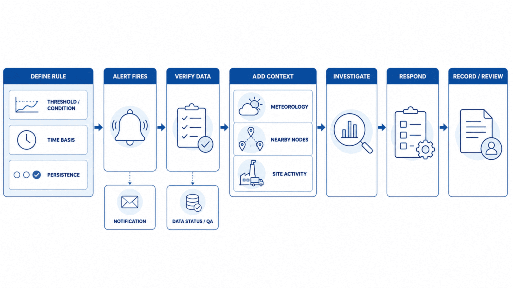 Air quality alert workflow combining threshold, time basis and persistence with verification, context, investigation, response and review.