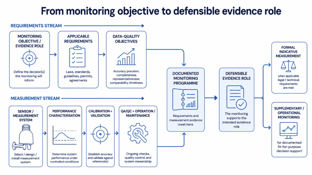 Diagram showing how monitoring objectives, requirements, data-quality targets and measurement evidence combine to support a defensible indicative or supplementary monitoring role.
