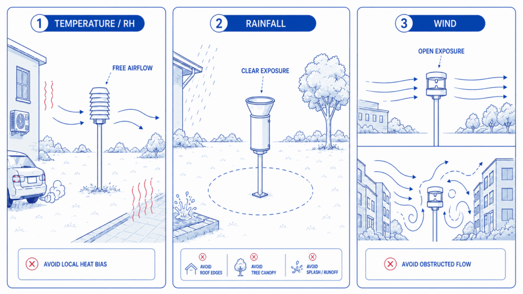 Diagram comparing siting considerations for temperature, rainfall and wind sensors in a municipal monitoring network