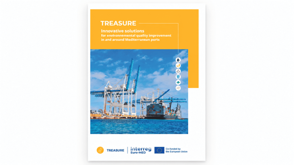 Diagram showing Aernode Pro featured in the TREASURE catalogue under the air-quality improvement challenge for Mediterranean ports.