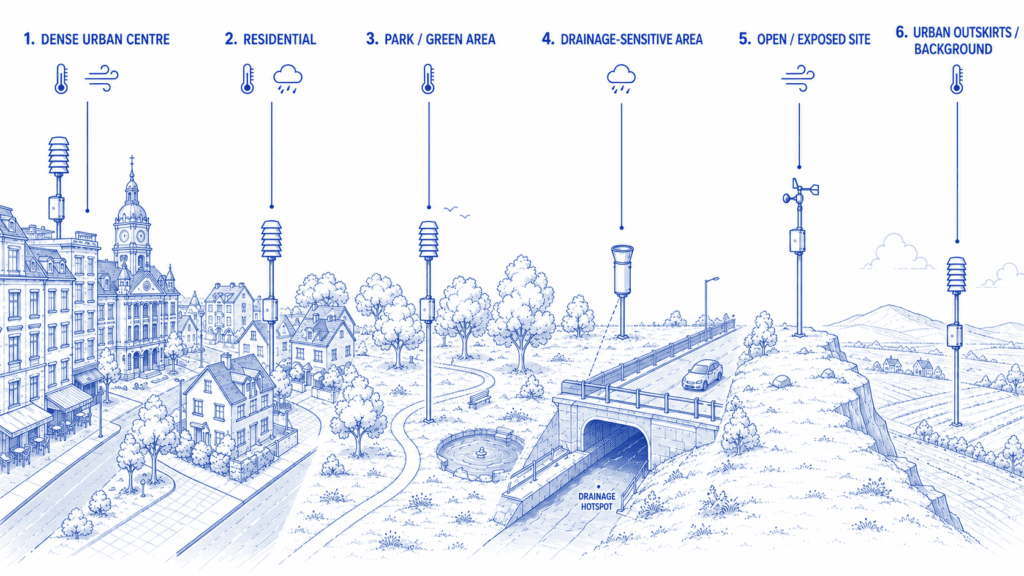Municipal weather monitoring network showing contrasting urban site classes and a drainage-sensitive operational hotspot represented separately from appropriately exposed rainfall sensing