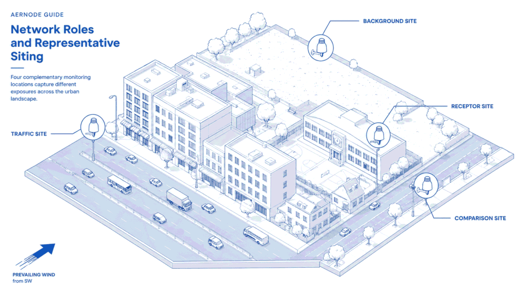 Diagram showing traffic-influenced, urban-background, receptor and comparison monitoring roles in a street-level air quality network.