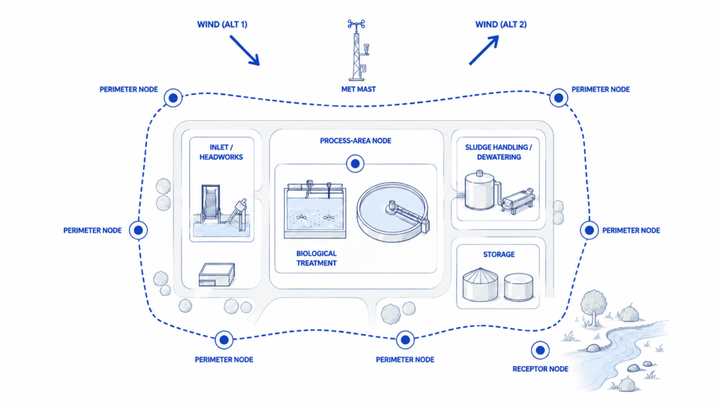 Continuous air quality monitoring network around a wastewater treatment plant