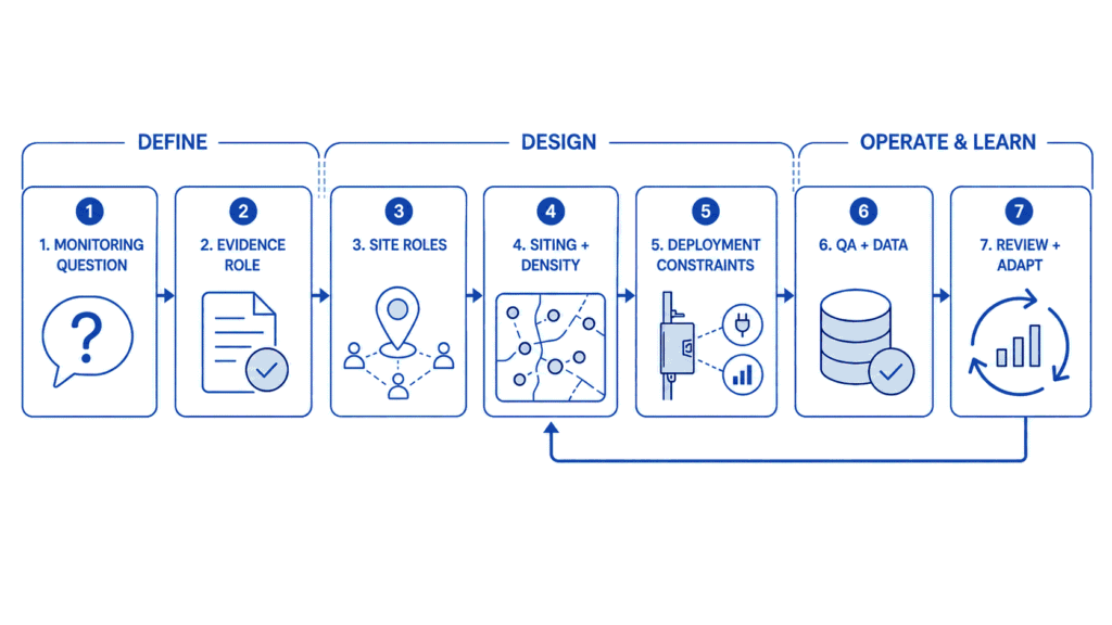 Workflow from monitoring question through site roles, siting, density, deployment, quality assurance, data management and network review.