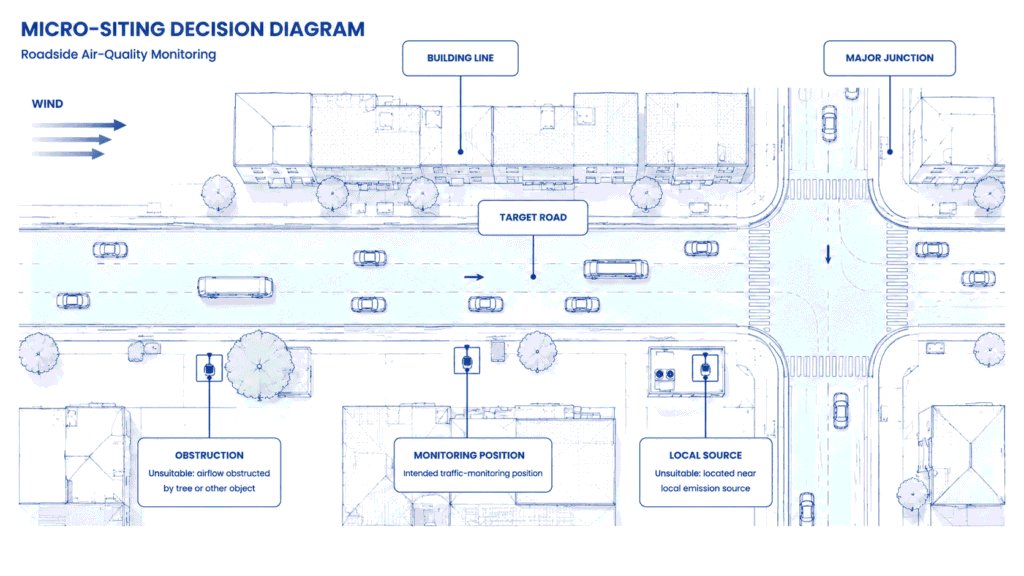 Technical diagram showing street-canyon geometry, wind, junction influence and airflow considerations for roadside air-quality monitor siting.