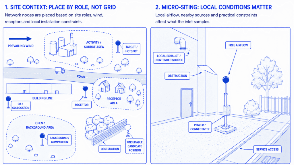 Air quality monitoring site roles with wind, receptor, obstruction, power, connectivity and service-access considerations.
