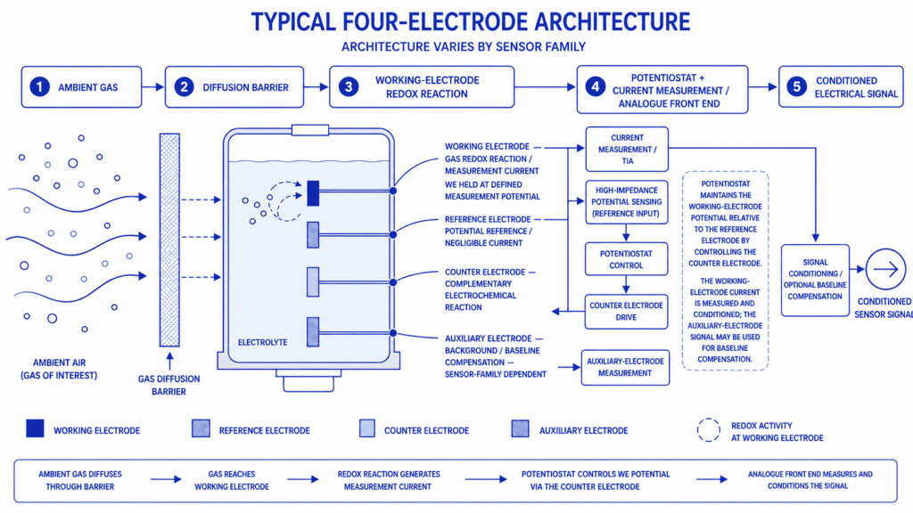 Simplified four-electrode electrochemical gas sensor showing gas diffusion, electrodes and electrical current.