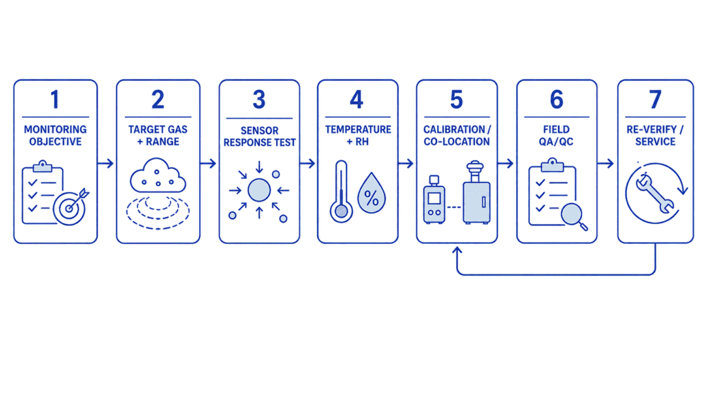 Workflow showing sensor selection, environmental inputs, calibration, QA checks and re-verification for electrochemical gas monitoring.