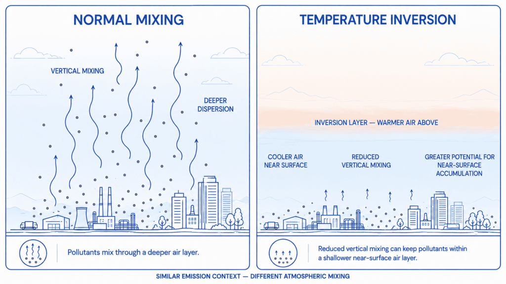 Diagram comparing normal atmospheric mixing with a temperature inversion that reduces vertical mixing and can increase near-surface pollutant accumulation.