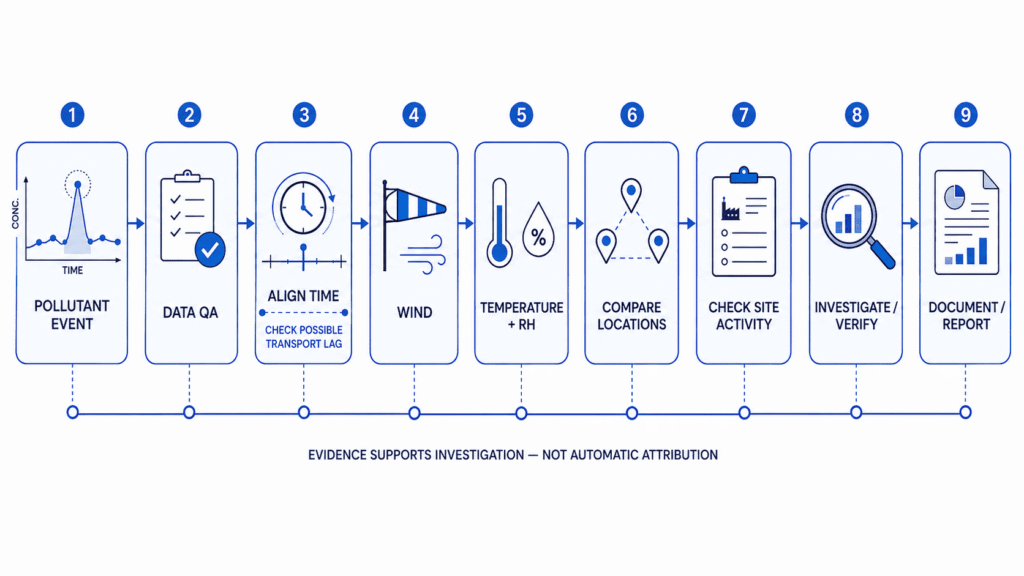 Workflow for reviewing an air-quality event using wind, temperature, humidity, spatial comparison and site-activity data.