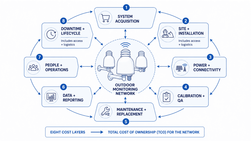 Diagram showing the main lifecycle cost categories that make up total cost of ownership for an air quality monitoring network.